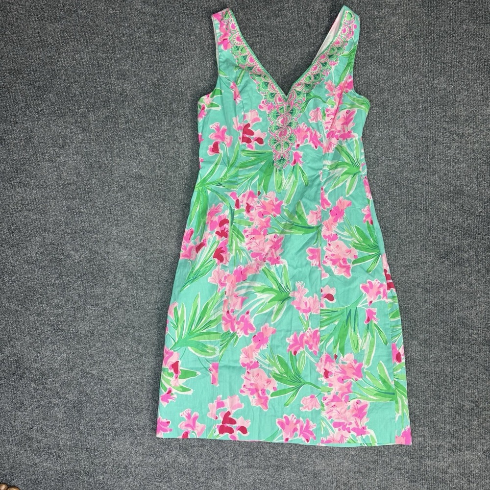 Lilly Pulitzer Veya Aqua Al Fresco Dress Size 2 Pink Green Floral Sheath